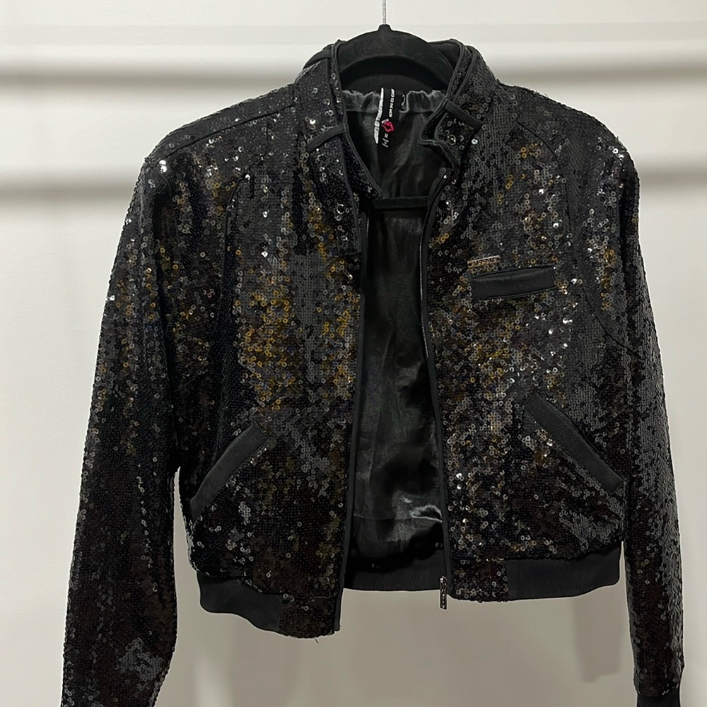 MARRIED TO THE MOB black sequin bomber jacket, size M, good condition.